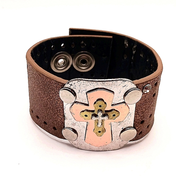 Jewelry - Leather  Cross Bracelet  Copper + Silver Color 9"
